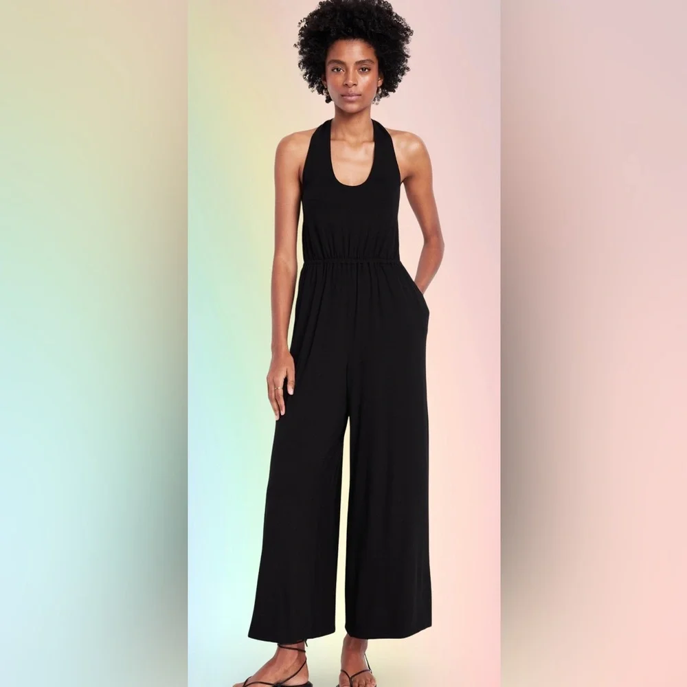 NWTS💓GAP OLD NAVY LG💓BLACK GREEK HALTER STYLE JUMPSUIT ELASTIC WAIST POCKETS - Picture 7 of 14